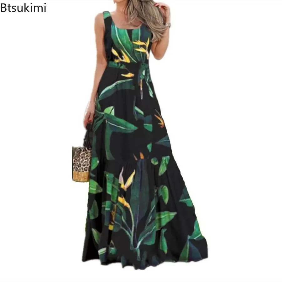 2024 Women's Summer Sleeveless Print Long Dresses Bohemian Slim Lace Up Big Hem Pleated Dress Vintage Vacation Maxi Dress Femme