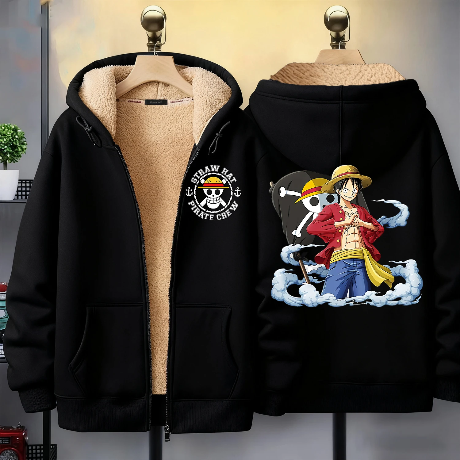 قطعة واحدة الرمز البريدي هوديي للكبار لوفي أنيمي الملابس أزياء رجل امرأة لامب الصوف معطف أزياء الشتاء الدافئة الملابس السوداء هدية #2