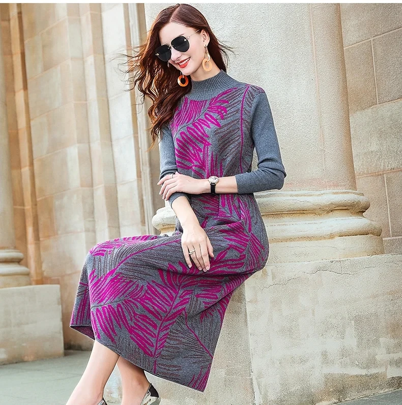 

2023 Autumn Winter Vintage Casual Floral Warm Long Turtleneck Wool Sweaters Elegant Women Print Bodycon Knitting Sweater Dresses