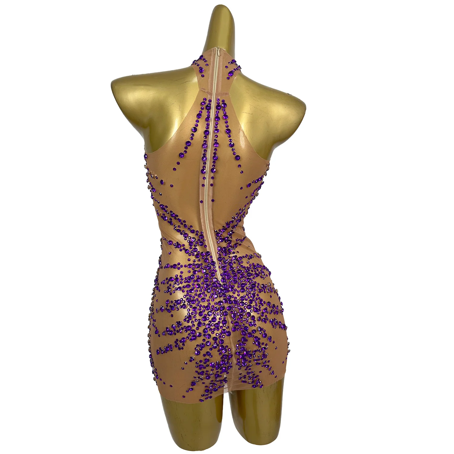 ชุดราตรีผู้หญิง Huatuo ดีไซน์หรูหรา สีม่วง ประดับคริสตัล 3 มิติ เซ็กซี่ ผ้าตาข่ายซีทรู กระโปรงโชว์สะโพก เหมาะสำหรับงานไนต์คลับและงานเทศกาลดนตรี