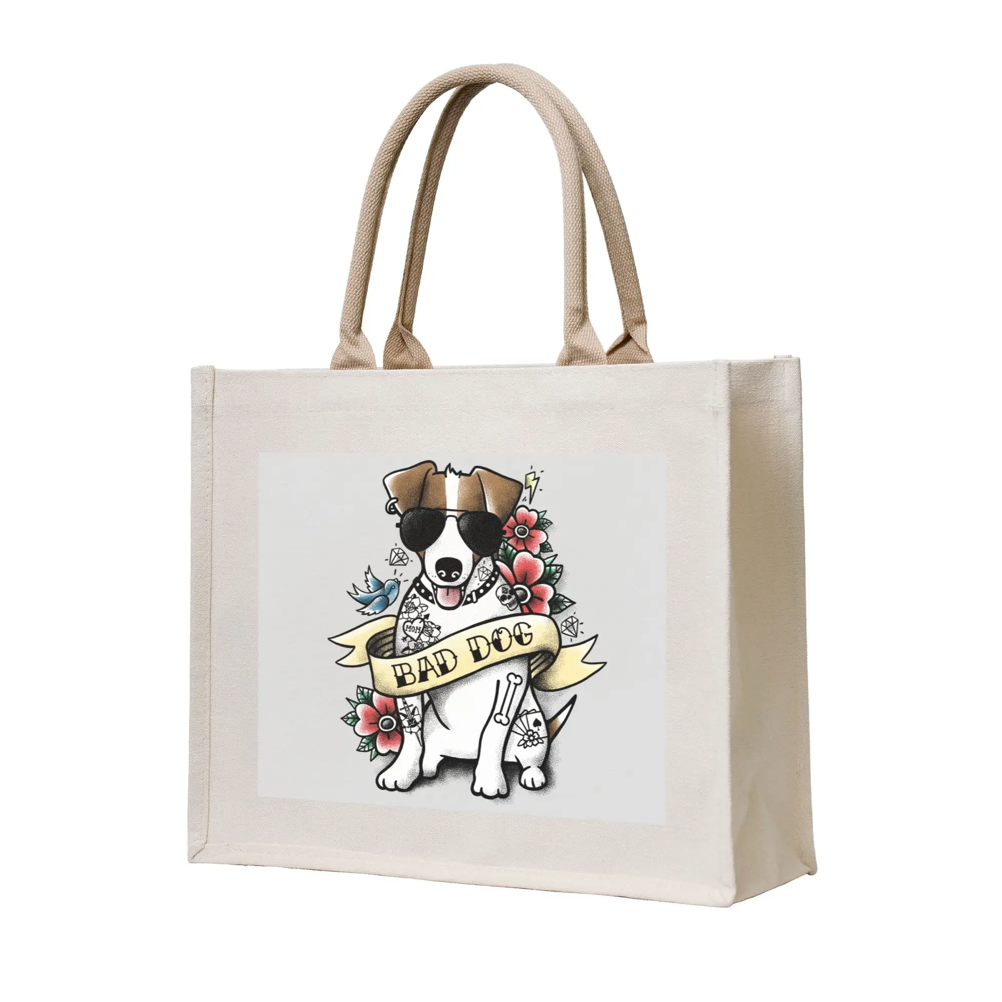 Reusable Bad Dog Jack Russell Terrier Tattoo Shopping Bag Women Tote Bag Portable Puppy Dog Lover Groceries Shopper Bags