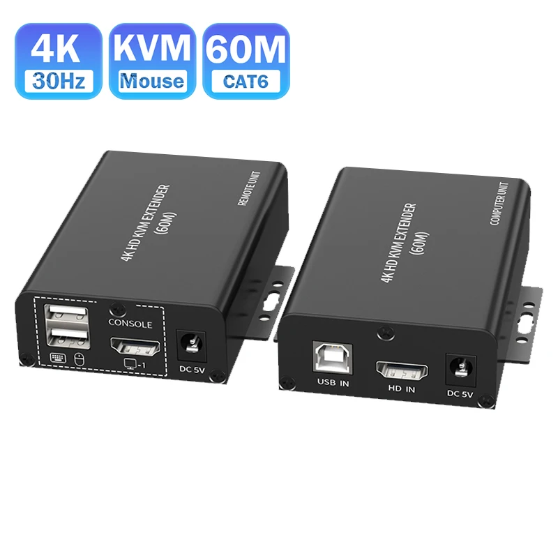 4K 30Hz HDTV KVM Extender over RJ45 Cat6 Cable 60M USB KVM Video Ethernet Extender Transmitter Receiver kit RX with Dual Output