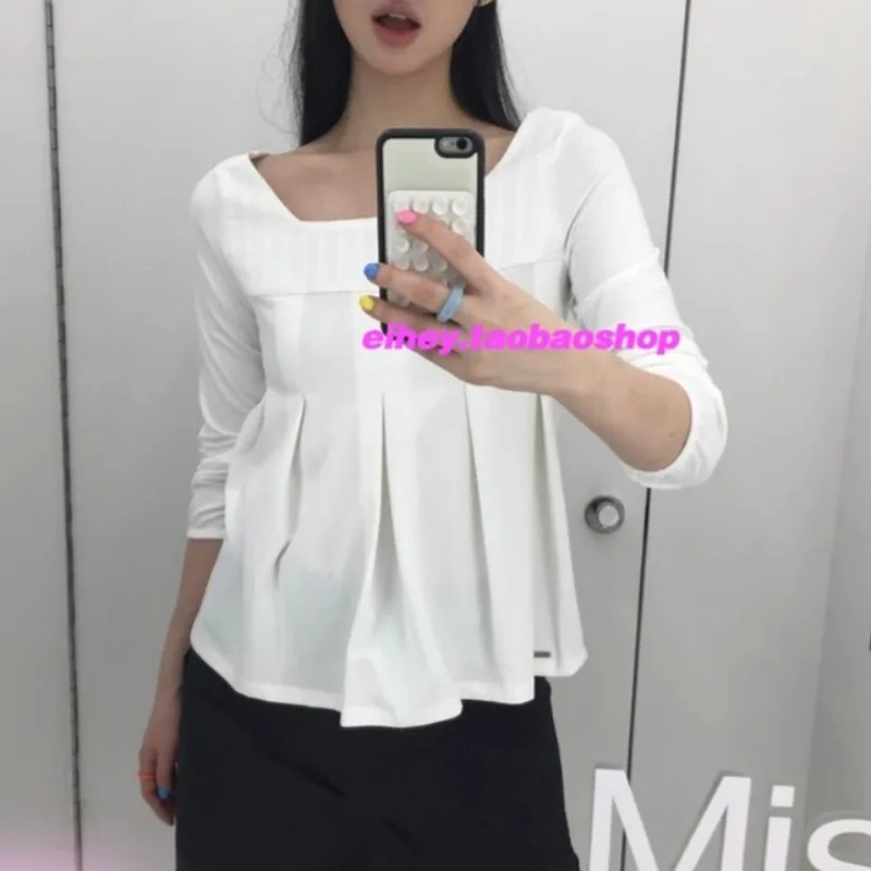

Square Collar Pleated Casual Long-sleeved T-shirt Women 2026 Spring New Korean Fashionable All-match Solid Color Tops