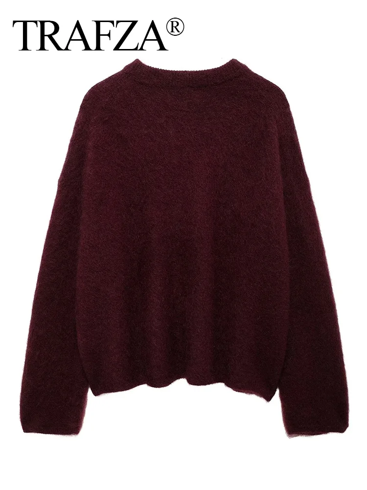 TRAFZA Women's Solid Colour Round Neck Sweater Commuter Style New Burgundy Pullover Long Sleeve Knitted Sweater Casual Tops