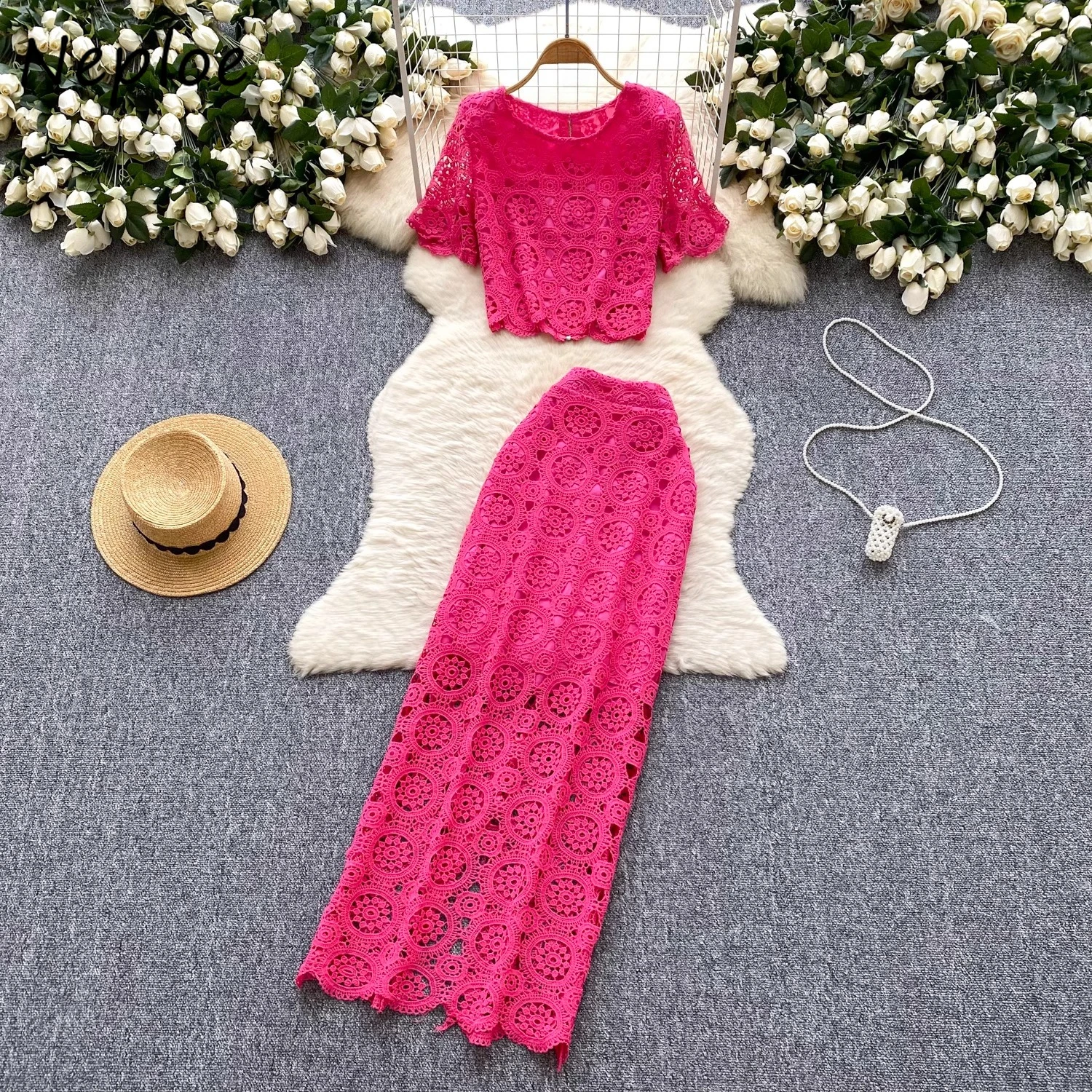 

Neploe French Style Women Summer Elegant Set Advanced O Neck Hollow Out Crochet Lace Tops High Waist Bodycon Straight Suit Skirt