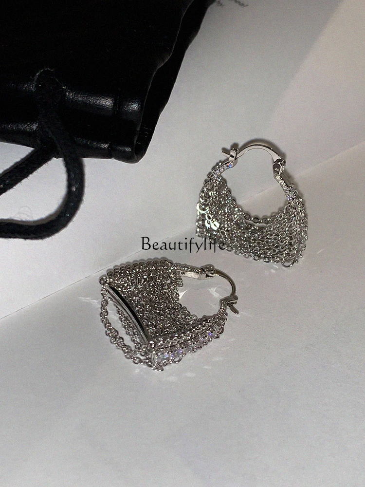 European and American Silver Cold Style Diamond Multi-Layer Tassel Bag Earrings Women's High-Grade Earrings