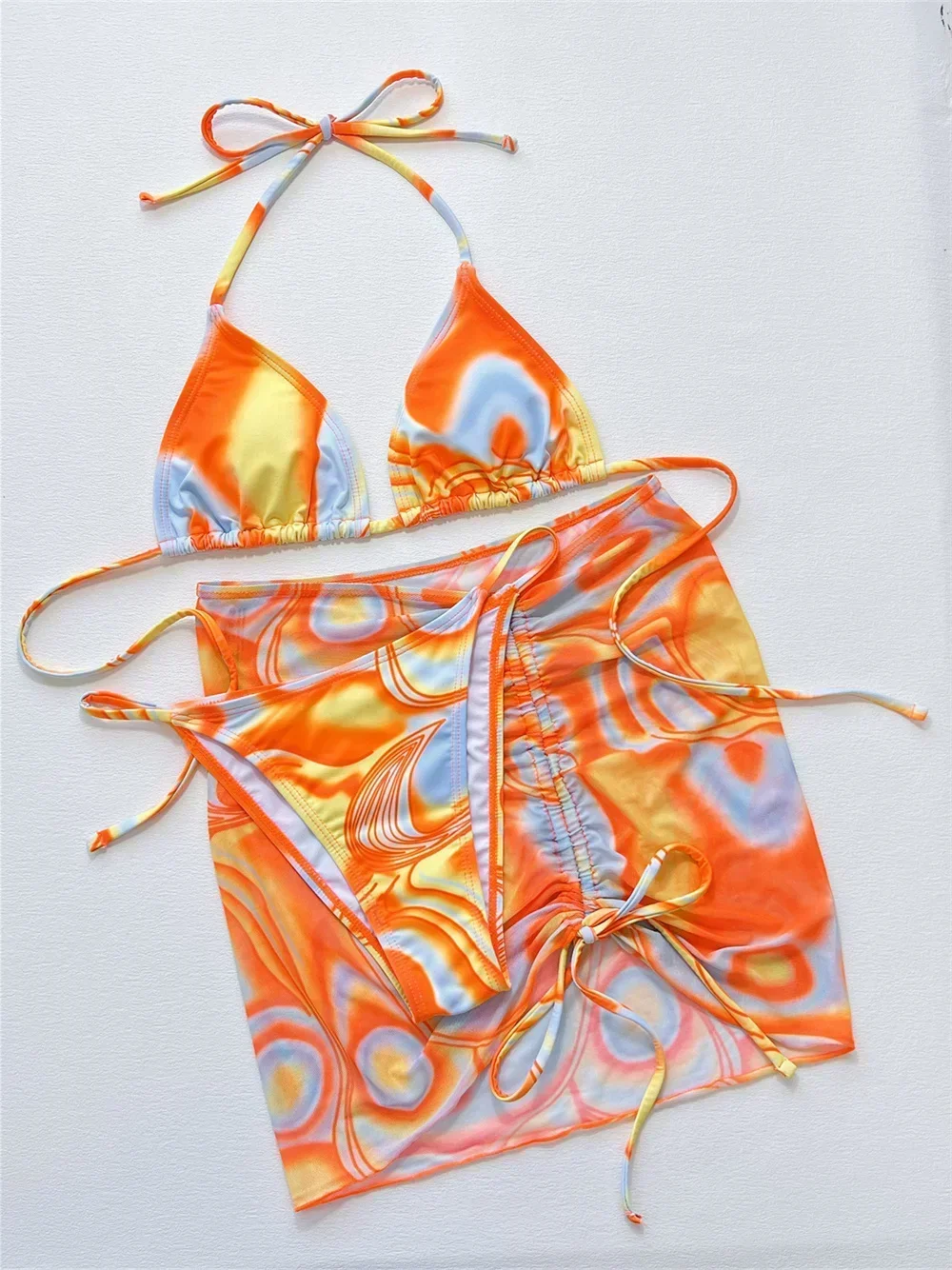 Sexy Print String Bikini Backless Y2K Swimsuit Tie Dye Swimwear Women Bikinis Mesh Skirt Thong Bathing Suit Beach Outfit Biquini