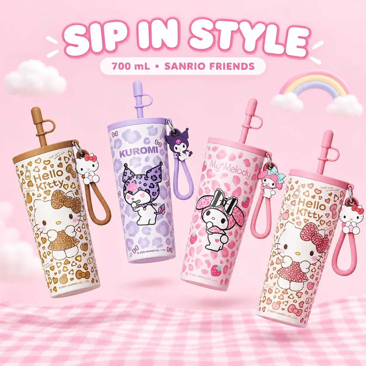 Sanrio 700ml Large Capacity 316 Stainless Steel Insulated Tumbler with Tumbler Strap Hot‑Cold Travel Mug Hello Kitty Kuromi Gift