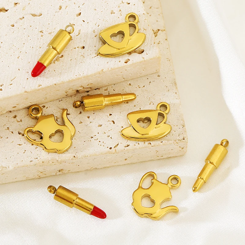 10pcs Stainless Steel Gold Color Small Charm Teacup Teapot Lipstick Pendants for DIY Earring Necklace Women Jewelry Accessories