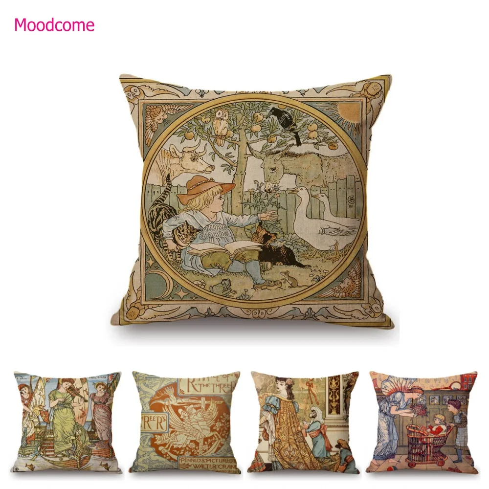 Walter Crane Vintage Poster Style Book Illustration Painting Romanticism Cotton Linen Sofa Throw Pillow Case Decor Cushion Cover