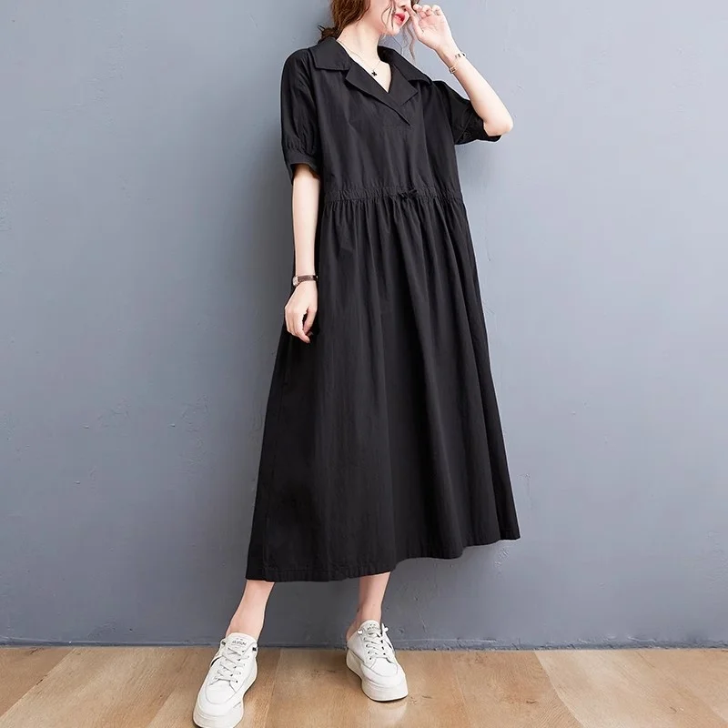 فستان فني فضفاض بأكمام قصيرة مقاس كبير للنساء بدلة صيفية بياقة تصميم برباط الخصر ملابس عمل عصرية W188