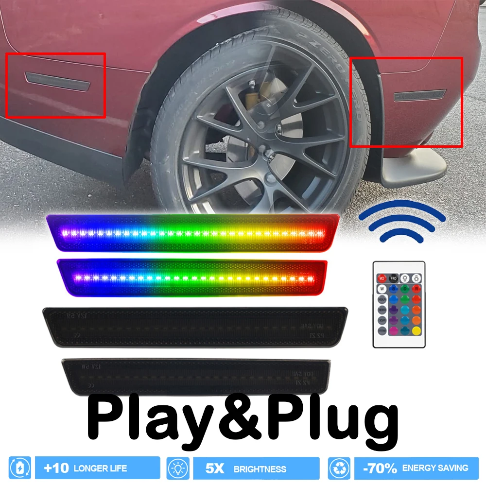 

4 шт. дымчатый светодиодный передний и задний боковой габаритный фонарь RGB для Dodge Challenger 2015-2023, Стайлинг автомобиля, указатель поворота, прожектор, сигнальная лампа