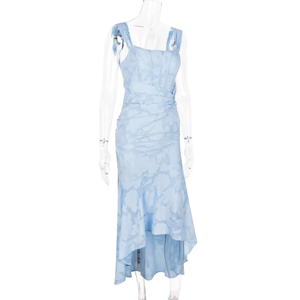 Autumn New Square Collar Jacquard Pleated No Sleeve Fish Tail Tank Dress Elastic Net Fabric Direct From Factory Fast Selling