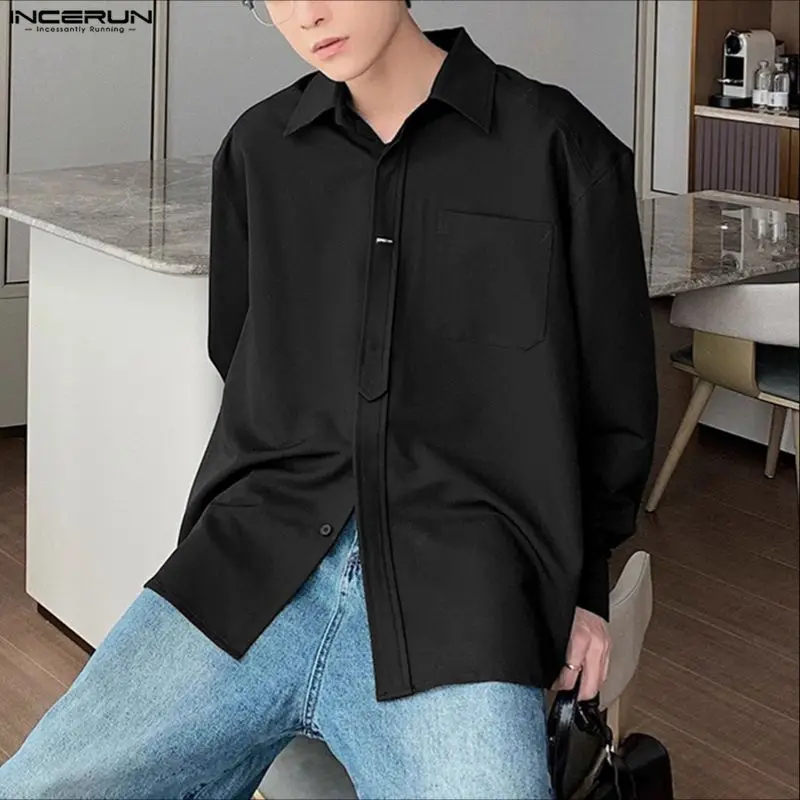 

INCERUN Мужская рубашка Сплошной цвет с лацканами и длинным рукавом Свободная мужская одежда Корейский стиль Уличная одежда Модные повседневные топы Мужские рубашки S-5XL