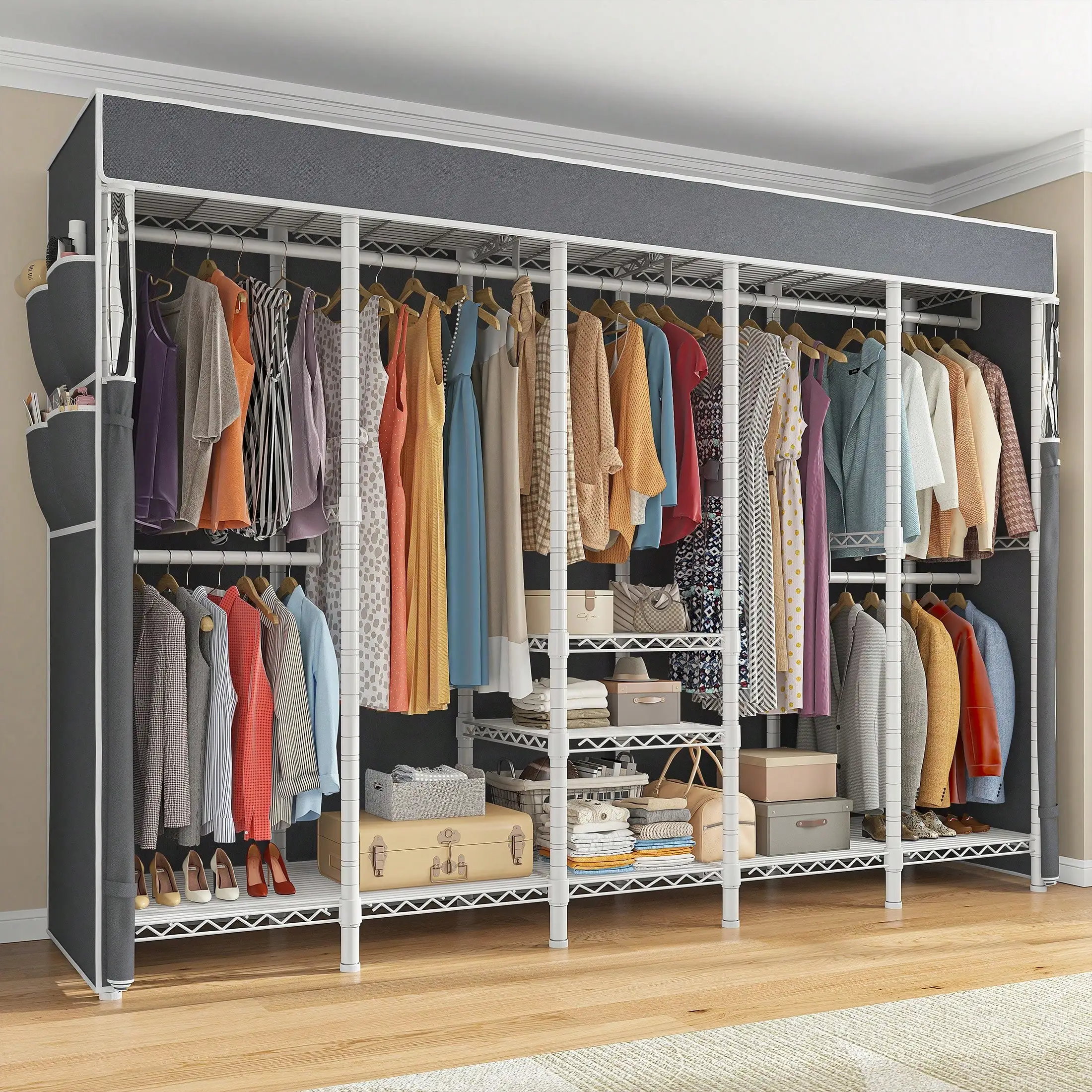 

90.6" W Clothes Rack With Cover Heavy Duty Clothing Rack With Cover Loads 1200LBS Wardrobe Closet Freestanding Garment Rack