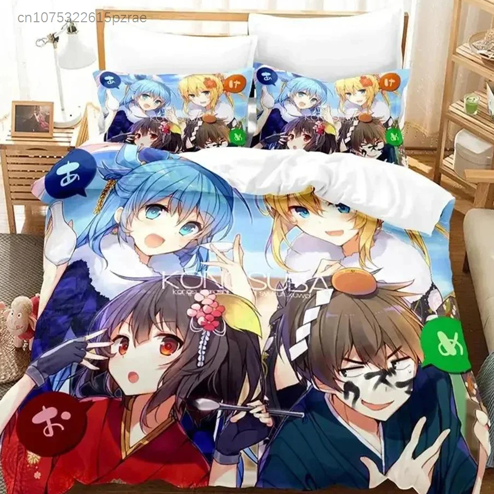 Juego de cama con estampado 3D de Anime KonoSuba para dormitorio, colchas modernas y suaves, funda de edredón cómoda para niños, funda de edredón y funda de almohada