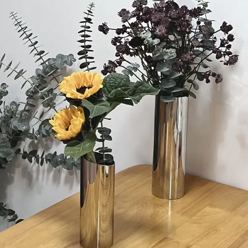 304 Stainless Steel Cylindrical Vase Thickened Metal Straight Table Vase High Quality Water Splash Proof Home Decor