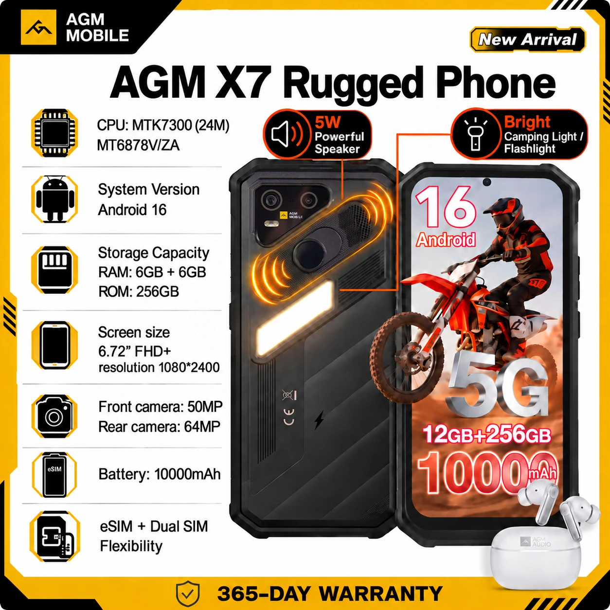 AGM X7 5G Rugged Phone 12GB+256GB 10000mAh Android 16 Phone 6.72