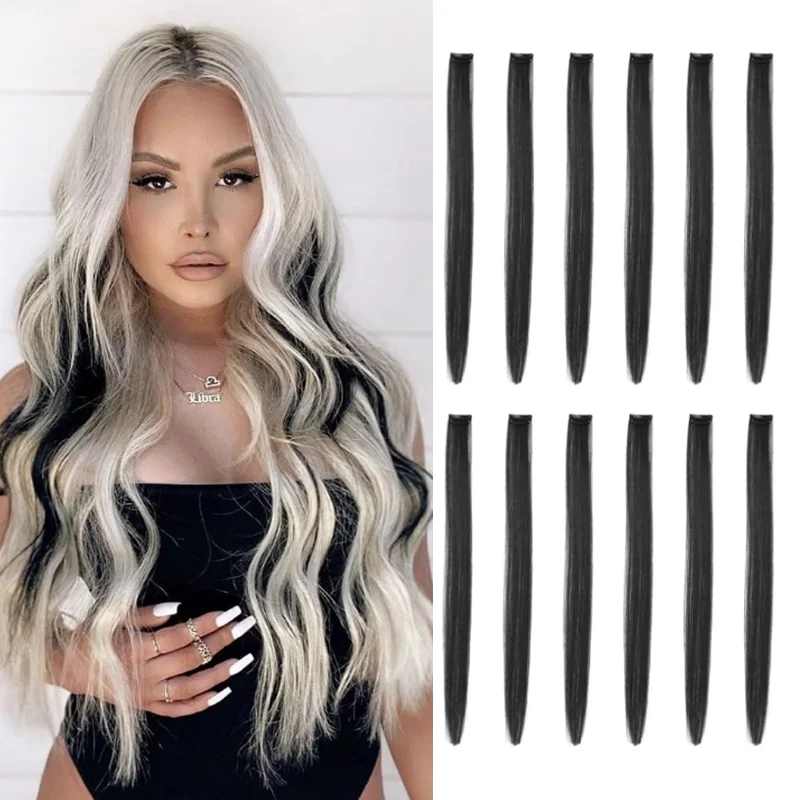 12 Pcs Clip in Hair Extensions, 22 Inch Colored Hair Extensions Party Highlights Long Straight Synthetic Hairpieces for Women