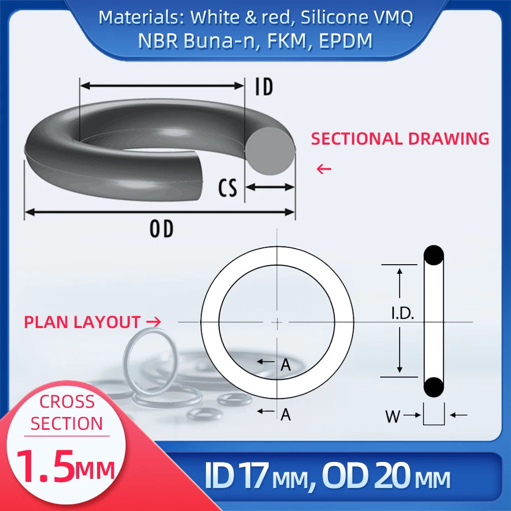 O Ring CS 1.5mm ID 17 mm OD 20 mm Material With Silicone VMQ NBR FKM EPDM ORing Seal Gasket