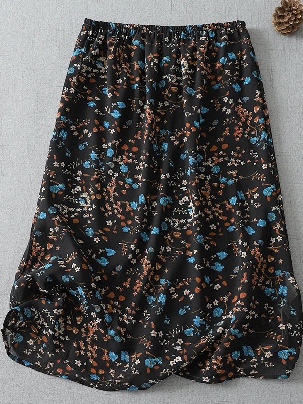 Elegant Floral Print Half Skirt Women's Fashion Spring Summer Slimming Elastic Waist Beautiful Five-Quarter Length A-Line Skirt