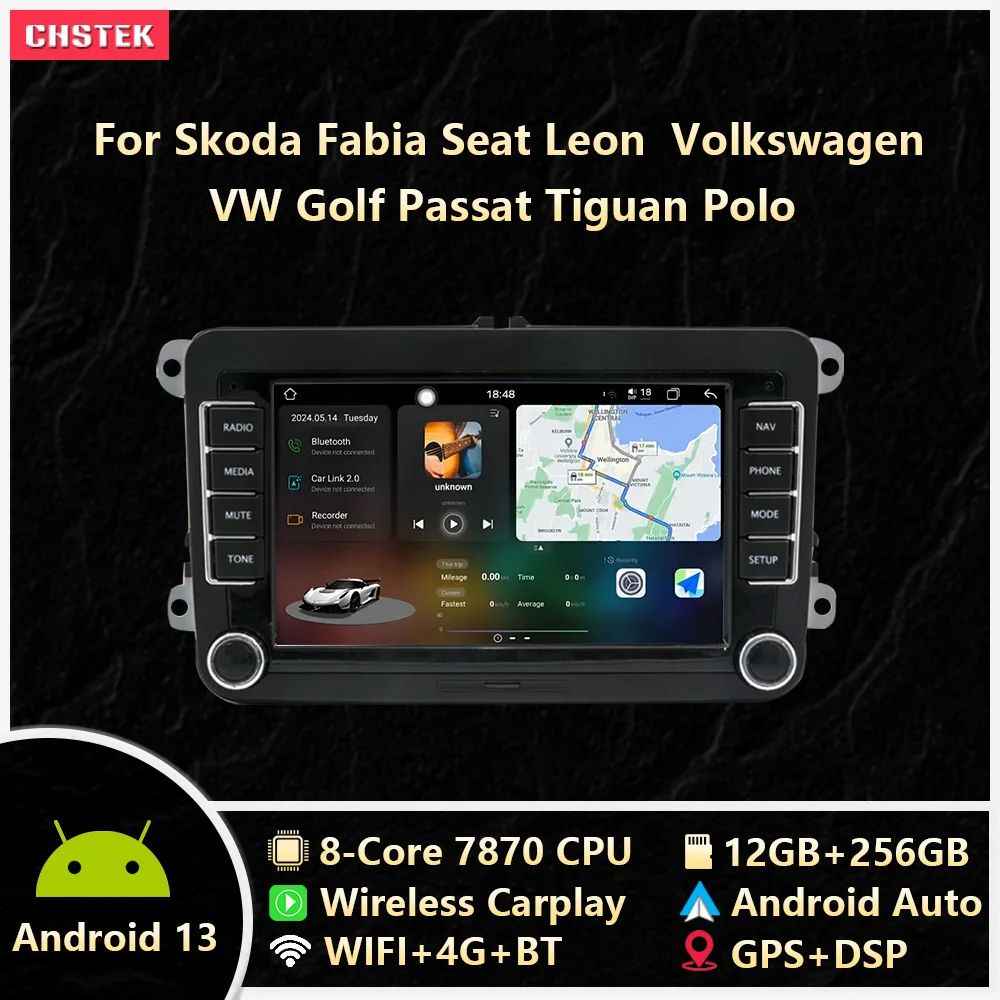 CHSTEK Car Radio 7870 12G+256G Carplay Android Auto Navigation For Skoda Fabia Seat Leon Volkswagen VW Golf Passat Tiguan Polo