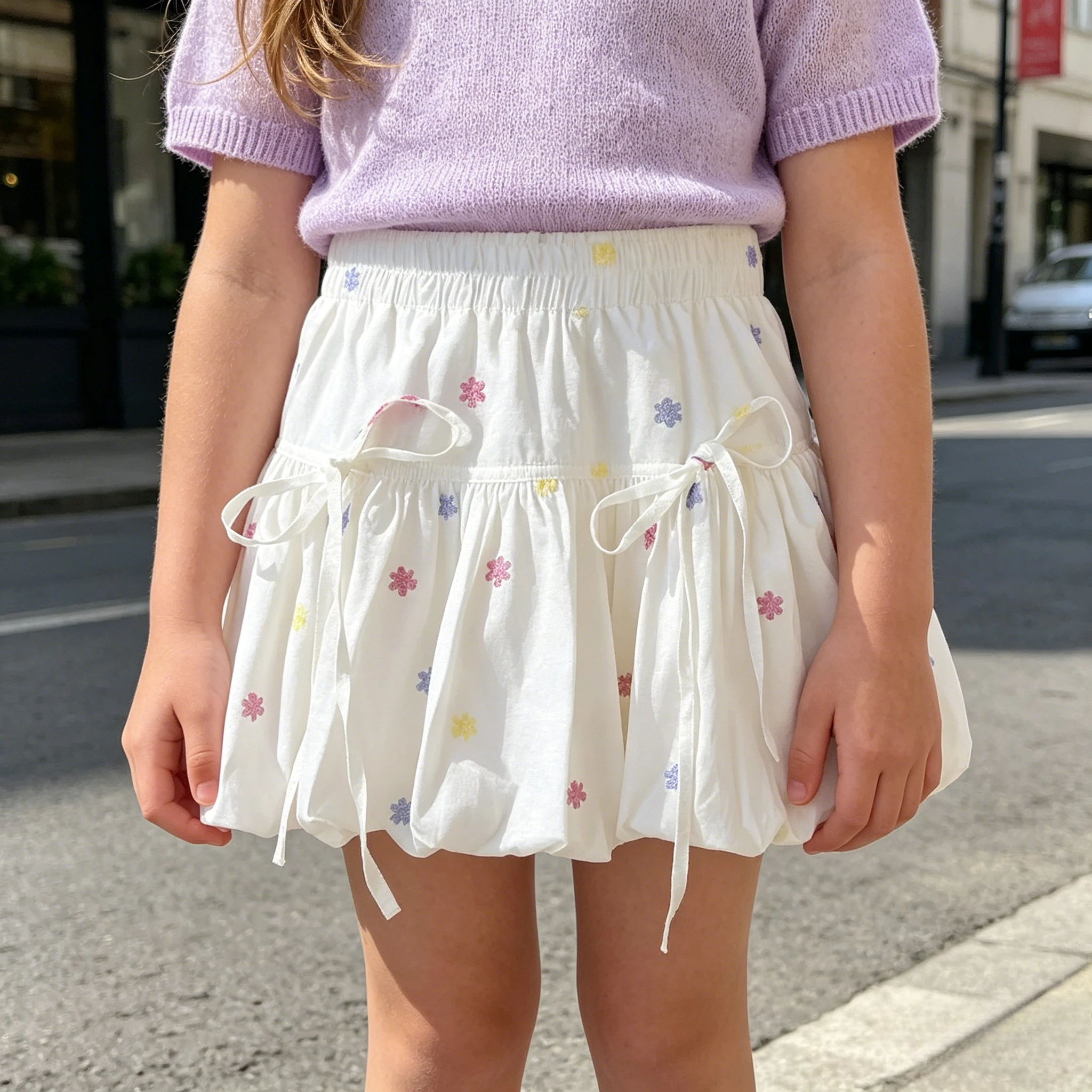 School Teen Girls Floral Embroidered Bubble Skirt Kids Elastic Waist Puffy Ruffle Skirt for Summer New Party Casual Daily Outfit