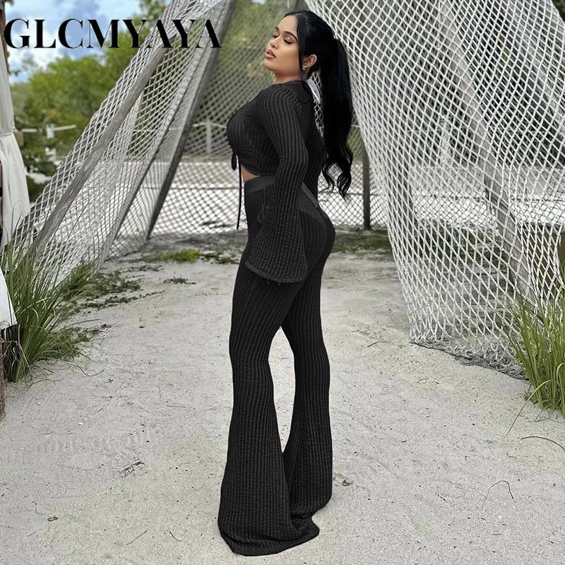 GLCMYAYA Women Streetwear V-Neck Sheer Draw String Flare Sleeve Tee Tops Pant Sets 2023 Solid Sexy LOOSE Pants 2 Piece Set