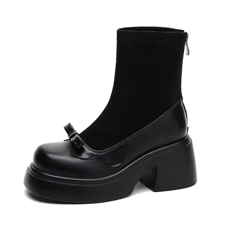 Women Chunky Platform Ankle Boots Bowknot High Heel Sock Booties Round Toe Back Zip Black Stretch Short Boots Vintage Gothic