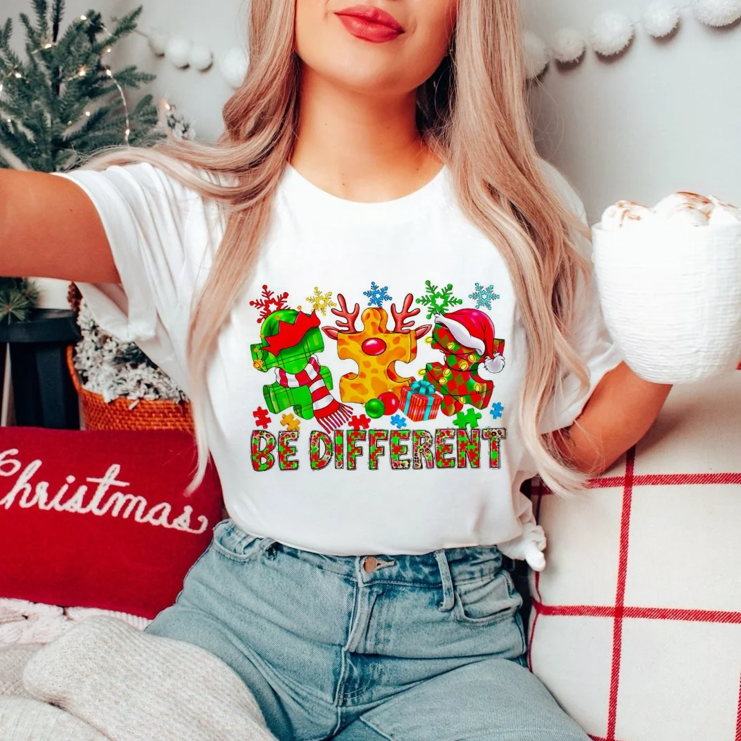 Printed Women's Autism Awareness Be Different Pattern T-Shirt Christmas Gift Happy New Year Women's Casual Clothing O-Neck T-Shi