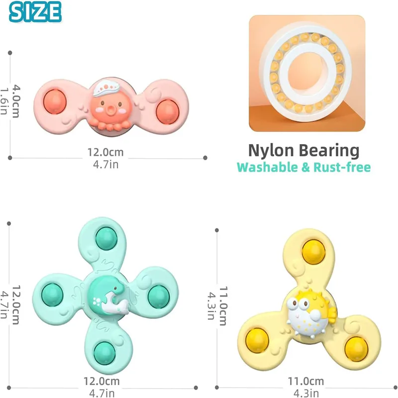 아기 목욕 장난감 만화 흡입 컵 스피너 장난감, 손 딸랑이 장난감, 물놀이 장난감, 아기 교육용 장난감, 어린이 선물, 3 개