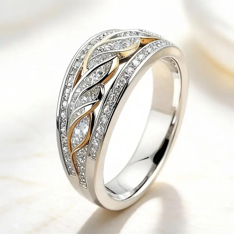 Huitan Damen-Ring in zwei Farben, Blatt-Gravur-Design, Vintage-Party-Design, eingelegt mit brillantem CZ, stilvolles, vielseitiges Accessoire, täglicher Schmuck