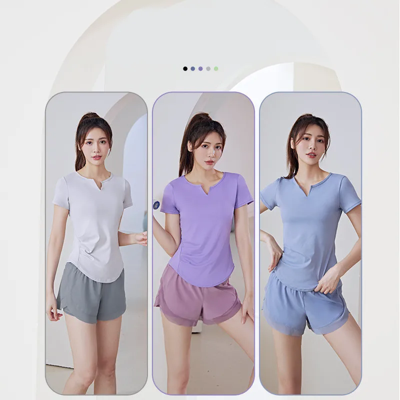 Summer V-neck Yoga Short Sleeved T-shirt Quick Drying Elastic Fitness Running T-shirt Short Sleeved Solid Color Slimming Tshirts