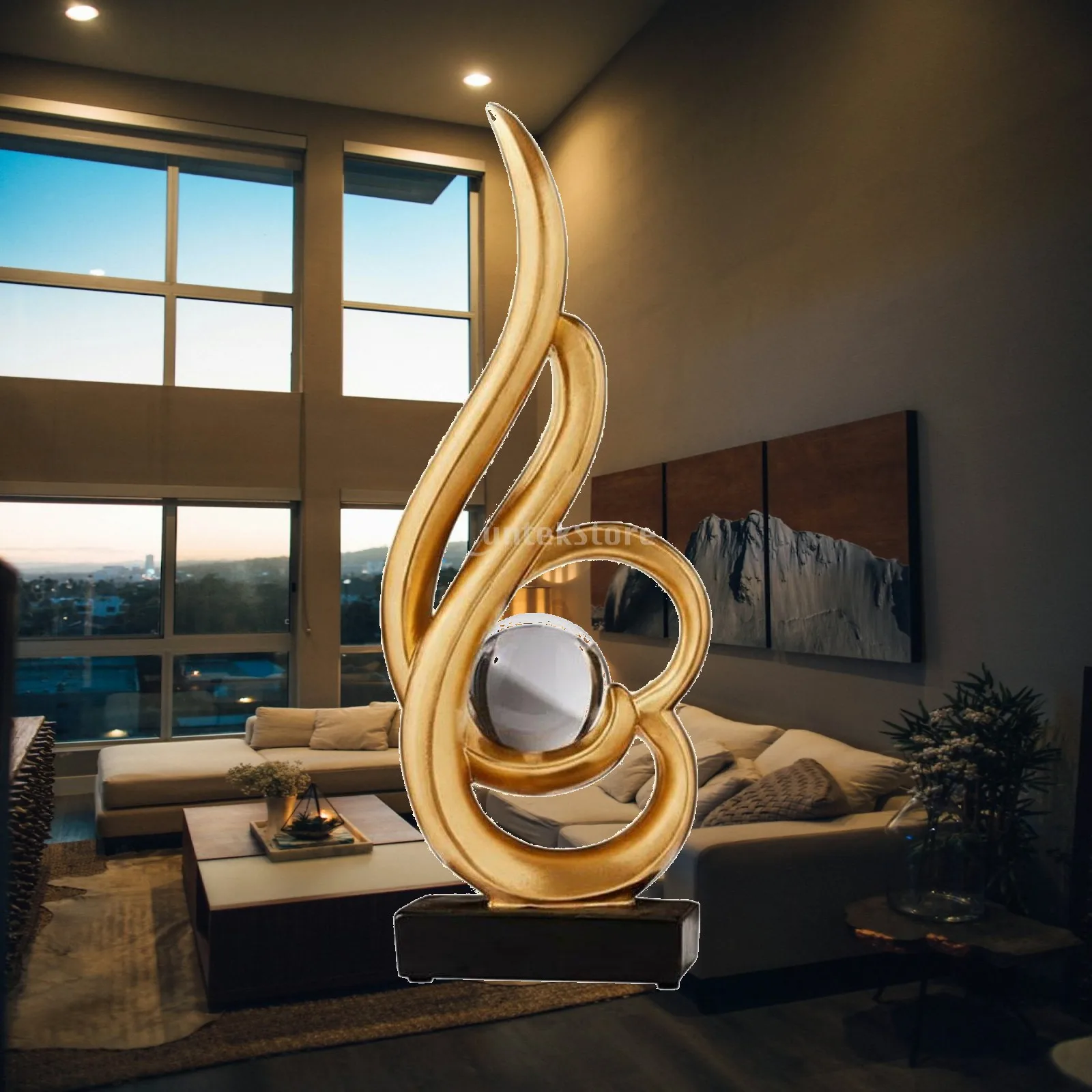 Elegant Resin Home Decor Figurine Abstract Gold Loop Sculpture with Crystal Ball for Shelf Decor