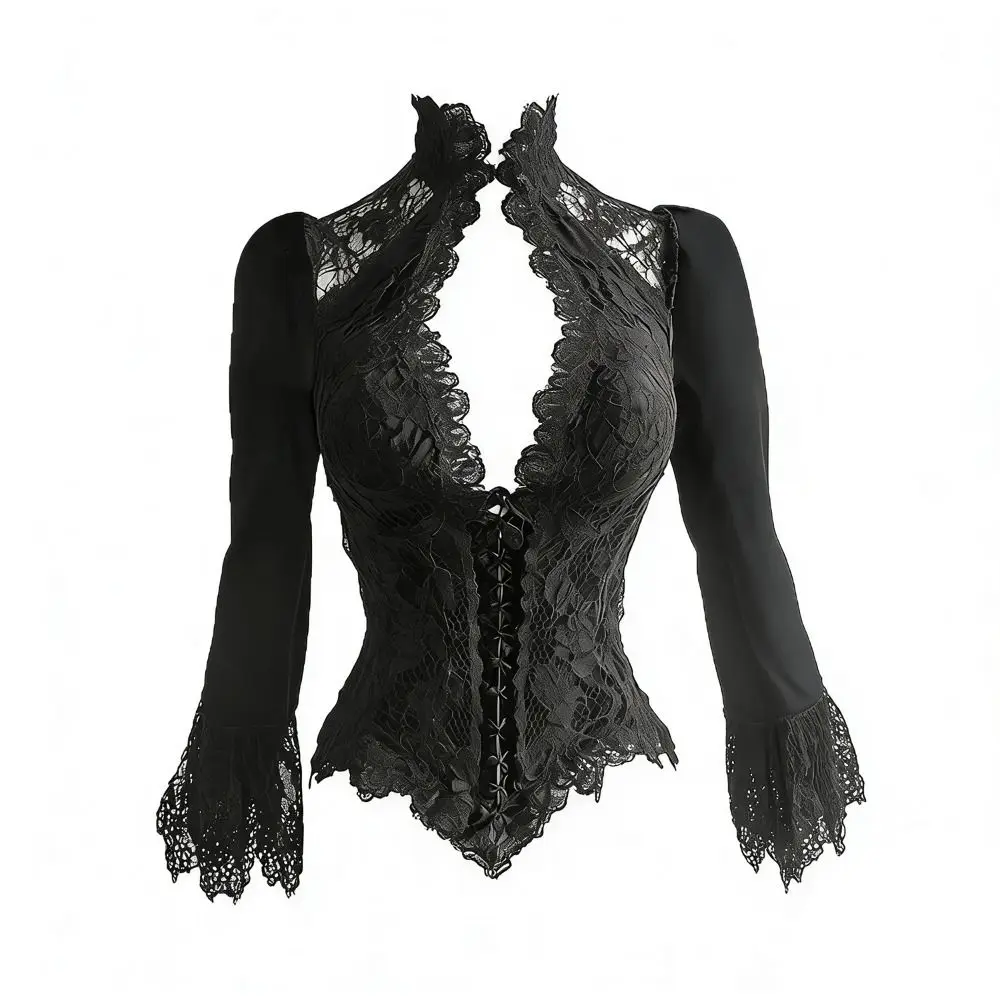 Punk-Stil, schwarze Farbe, Gothic-Bluse, Stehkragen, Ausschnitt-Design, Y2k-Top, schmale Passform, ausgestellte Ärmel, Spitzenbluse, elegante Anlässe