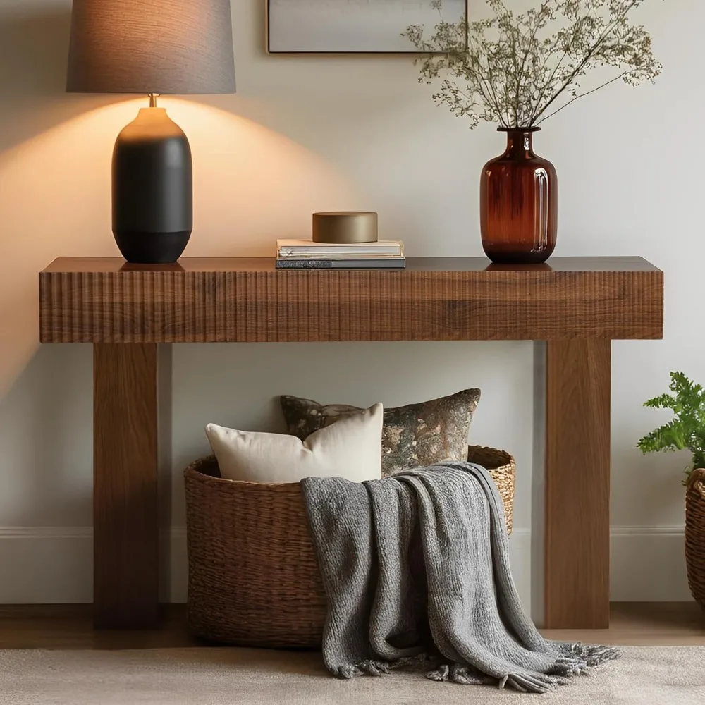 56 طاولة وحدة تحكم مخددة، طاولة أريكة خشبية ضيقة خلف الأريكة، طاولة مدخل المزرعة للمدخل