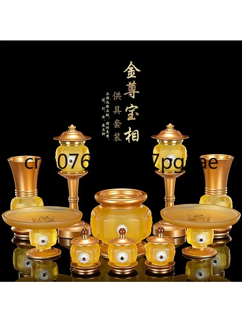 Buddha Set Glass Full Set of Worship Incense Burner Water Cup Plate Vase