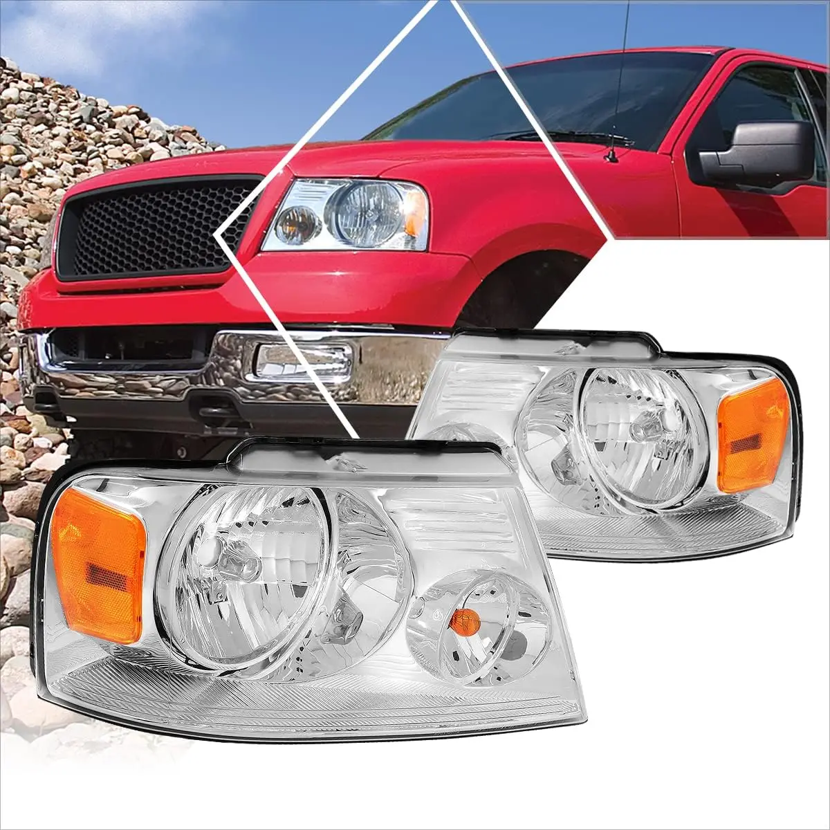 

Сменные фары в сборе, 2 шт., совместимые с Ford F150 04-08/Lincoln Mark LT 06-08, хромированный корпус/янтарный угол