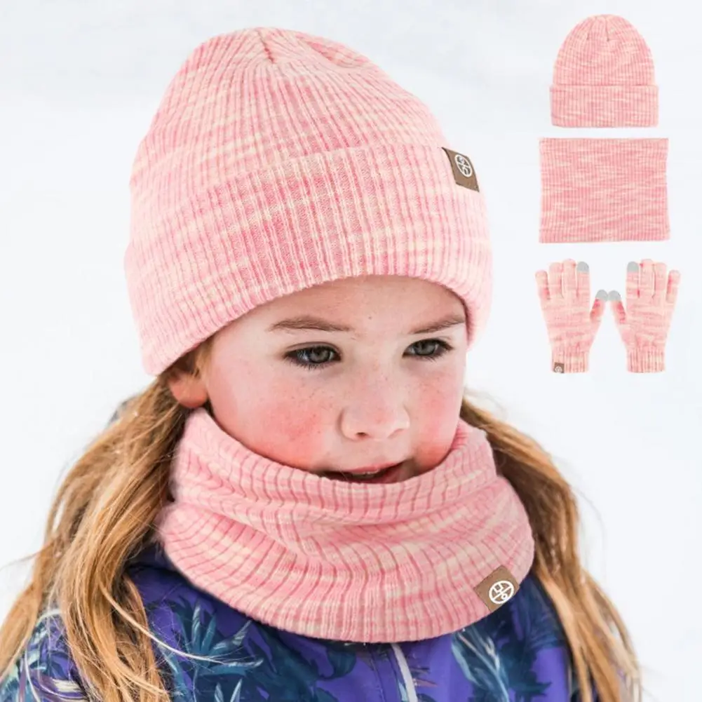 1 Set Children Hat Scarf Gloves Set Knitted Ear Kids Winter Cap Set Winter Outdoor Cycling Cap Neck Warp Gloves Set