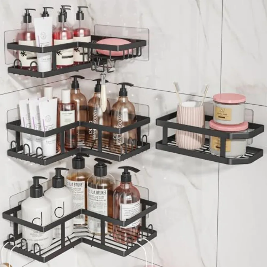 

Shower Caddy Corner with Soap Holder, No Drilling Shower Shelves-Rustproof, Adhesive Shower Organizer Corner for Dorm. Black, 4