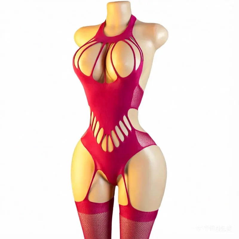 

Plus Size Rose Red Open Bra Full Body Stockings Sheer Mesh Lingerie Bodysuit Hollow Design Sleepwear Babydoll