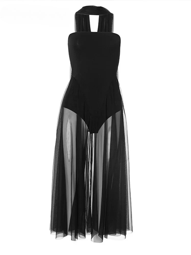 เซ็กซี่ตาข่าย Sheer Spliced ชุดพรรคยาวผู้หญิงริบบิ้น Strapless Backless หญิงชุดฤดูใบไม้ผลิฤดูร้อน Lady Solid Robes ใหม่