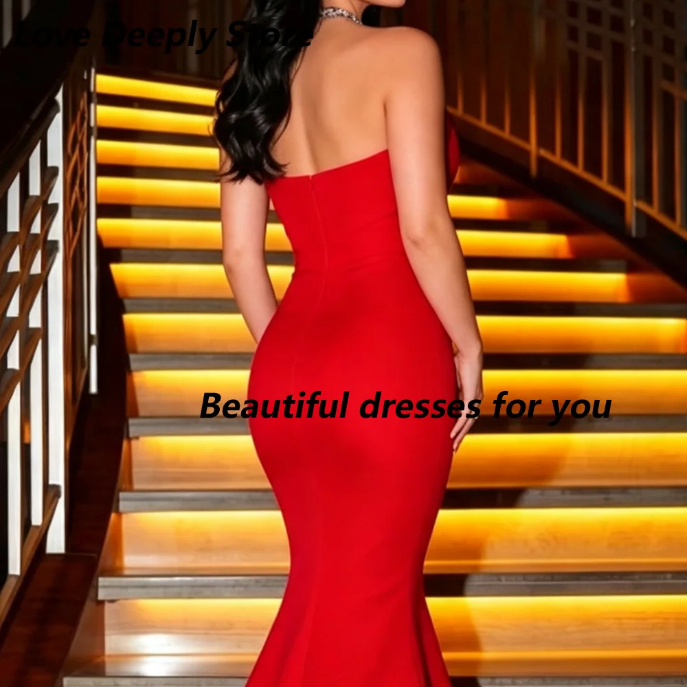Customized Bright Red Satin Mother Of The Bride Gown Strapless Fold Pleated Bodice Mermaid Train Wedding Guest Evening Dress