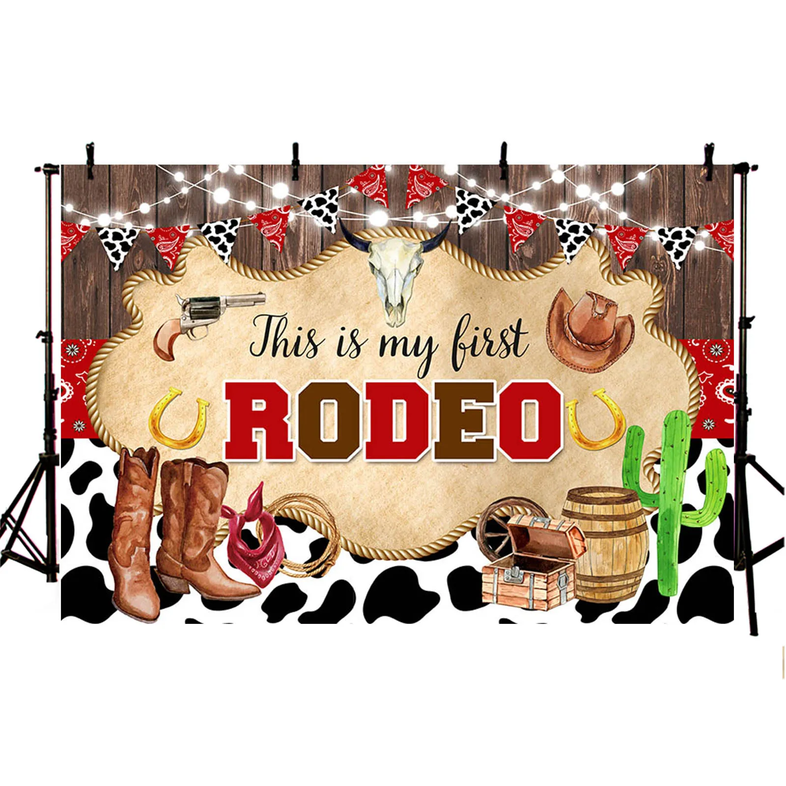 My First Rodeo 1st Birthday Backdrop Western Cowboy Cow Print Wild West Rustic Wood Boot Hat Photography Background Party Decor