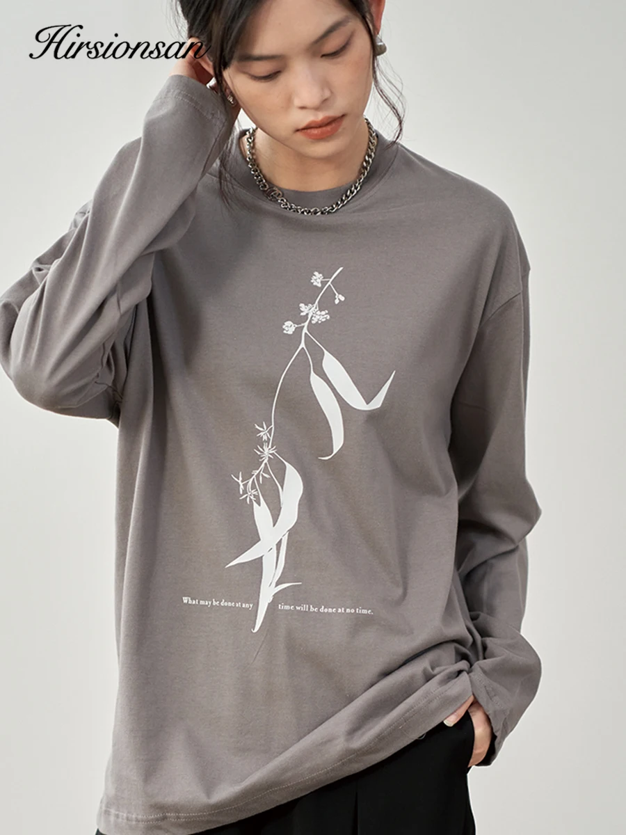 

Hirsionsan Printed Long Sleeved T-shirt for Women Loose Fit Pure Cotton Round Neck Basic Top