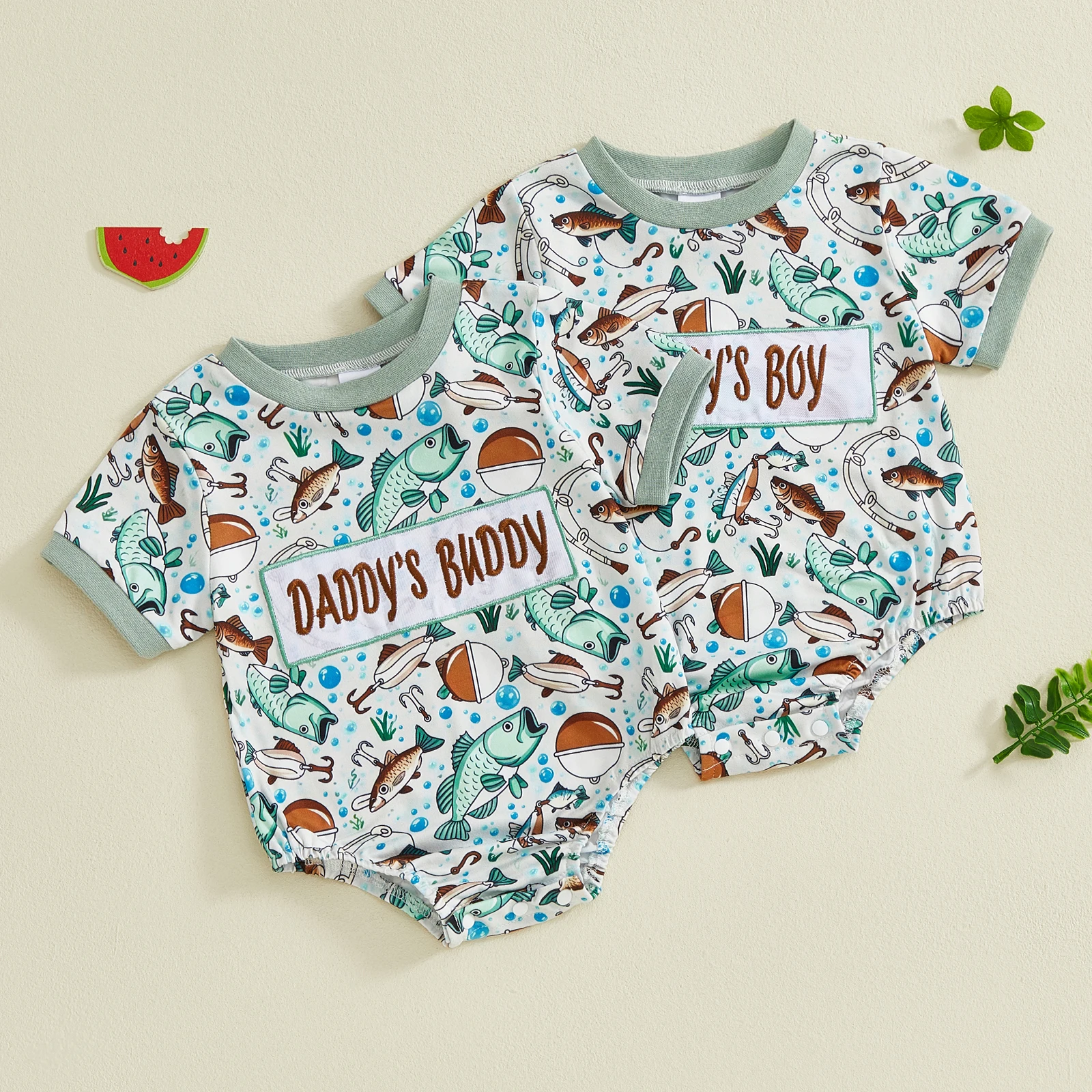 

Комбинезон для новорожденных мальчиков 0-18 месяцев, очаровательный комбинезон с принтом рыбы и вышивкой букв, с короткими рукавами и круглым вырезом, летняя повседневная одежда