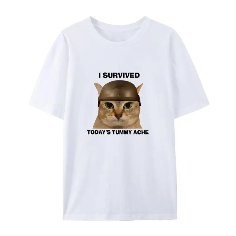 

"Funny Cat Meme T-Shirt for Women | 'I Survived Tummy Ache' Sarcastic Graphic Tee | Cute Kitten Humor Gift"