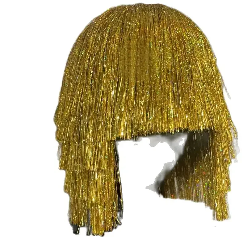 Fashion Laser Gold Headwear Fringed Wigs Women Sexy Gogo Dance Costume Bar Dj Ds Pole Dance Outfit Stage Accessories