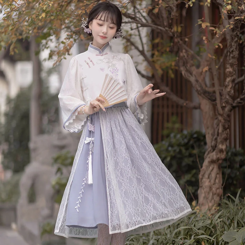 Wisteria Improved Han Element Hanfu Fresh Purple Lolita Dress Daily Set Socks Kol Saati Lolita Skirt Vestido Manga Larga