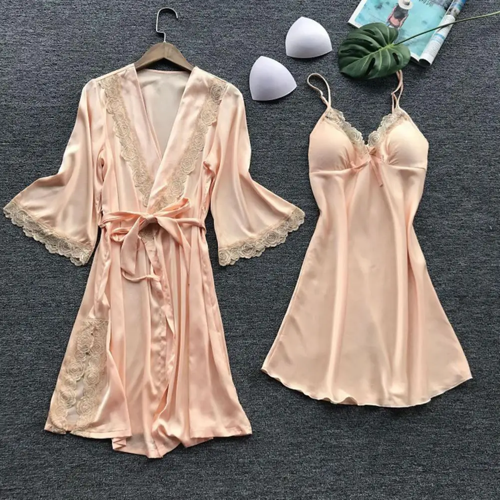 2 Pcs/Set Women Pajama Set Patchwork Bow Decor Lace Trim Nightgown Solid Color Silky Long Sleeve Sleeveless Split Nightdress Set